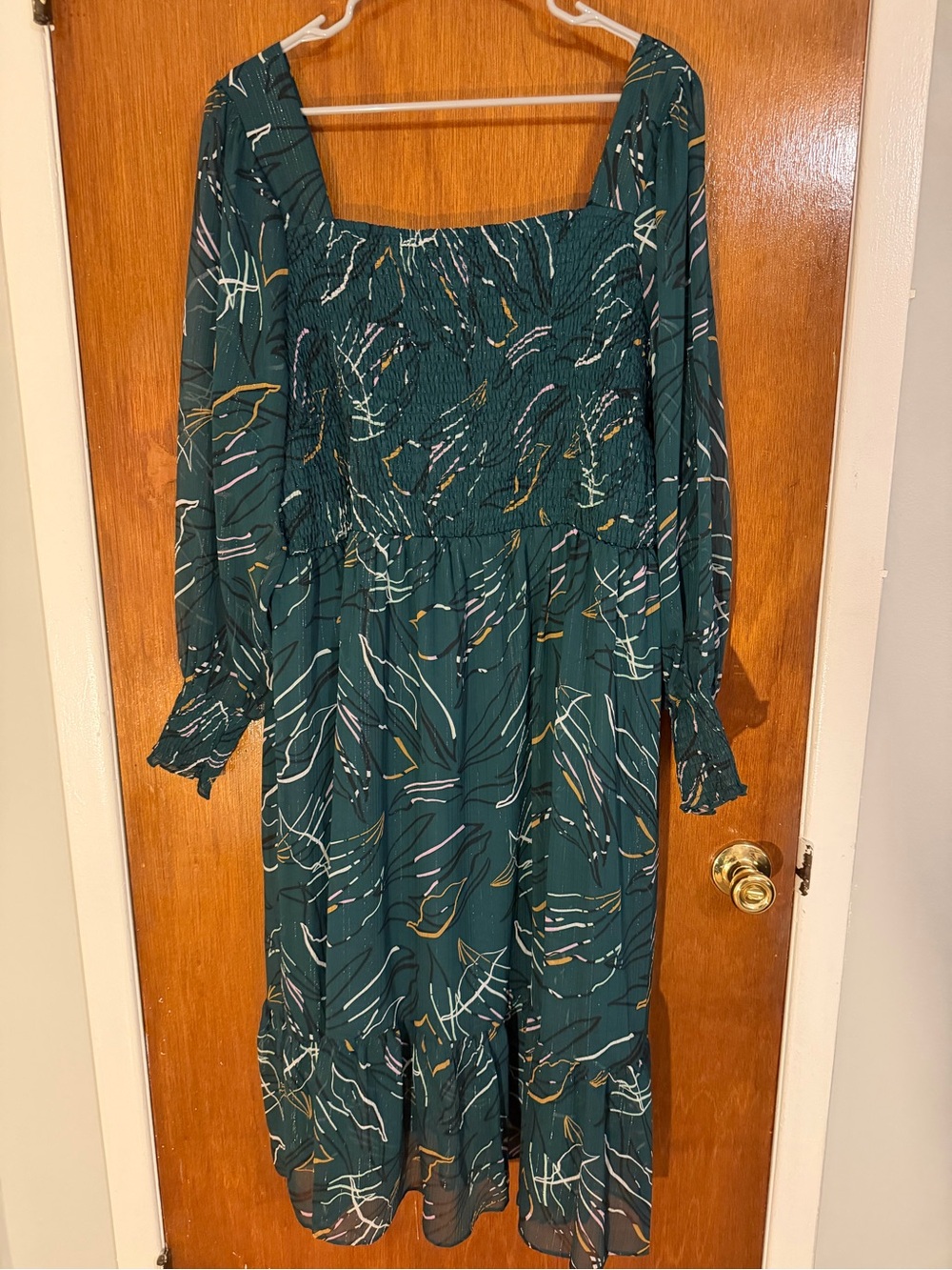 Nine West Teal Abstract Print Smocked Square-Neck Midi Dress